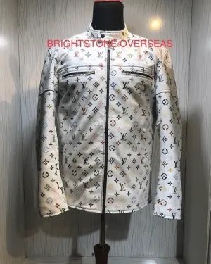 Custom Printed Design White Leather Jacket