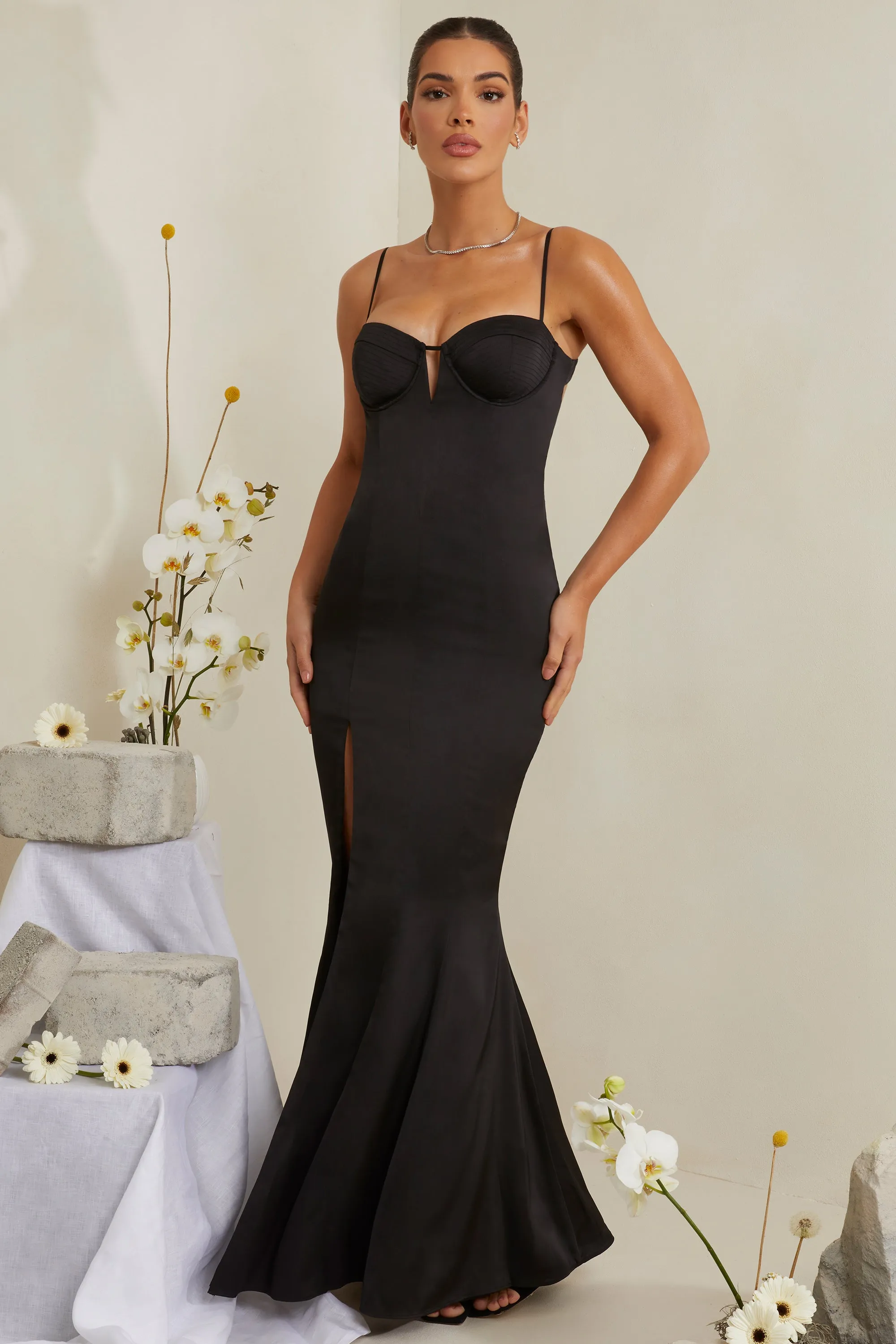 Cut Out Fishtail Maxi Dress in Black