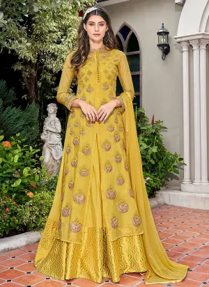 Cute Yellow Glass Tissue Jacket Style Anarkali