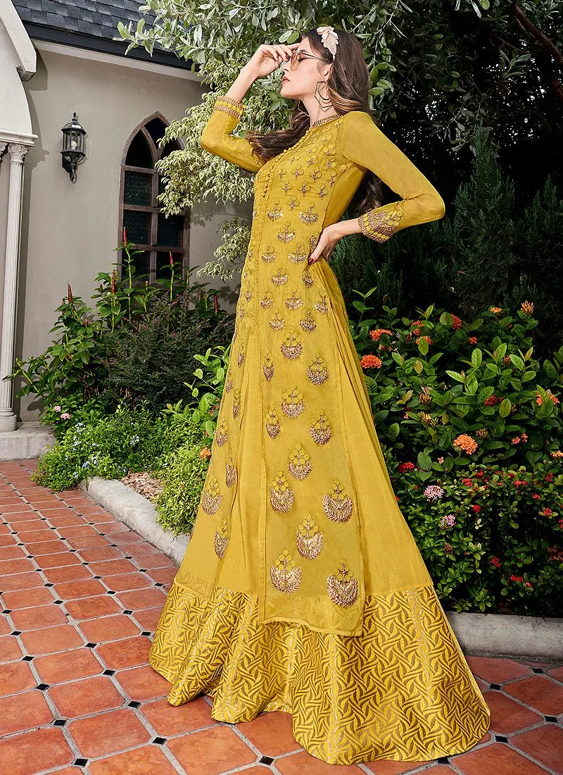 Cute Yellow Glass Tissue Jacket Style Anarkali