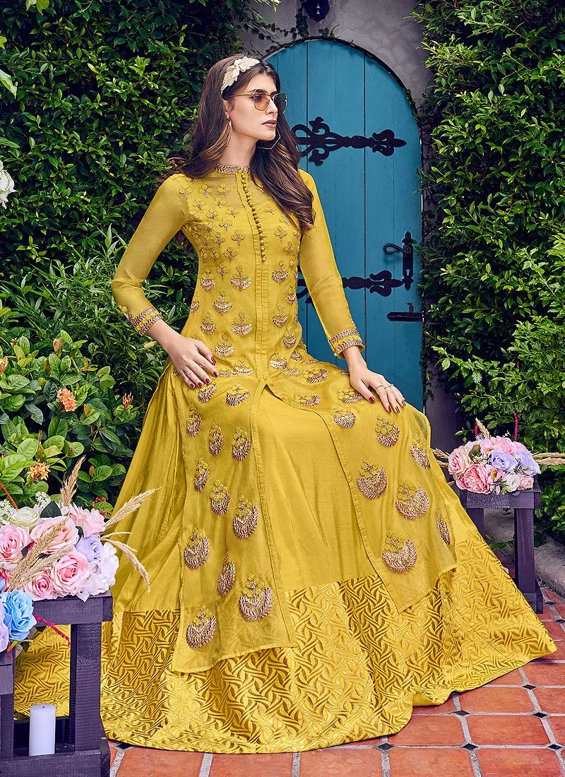 Cute Yellow Glass Tissue Jacket Style Anarkali