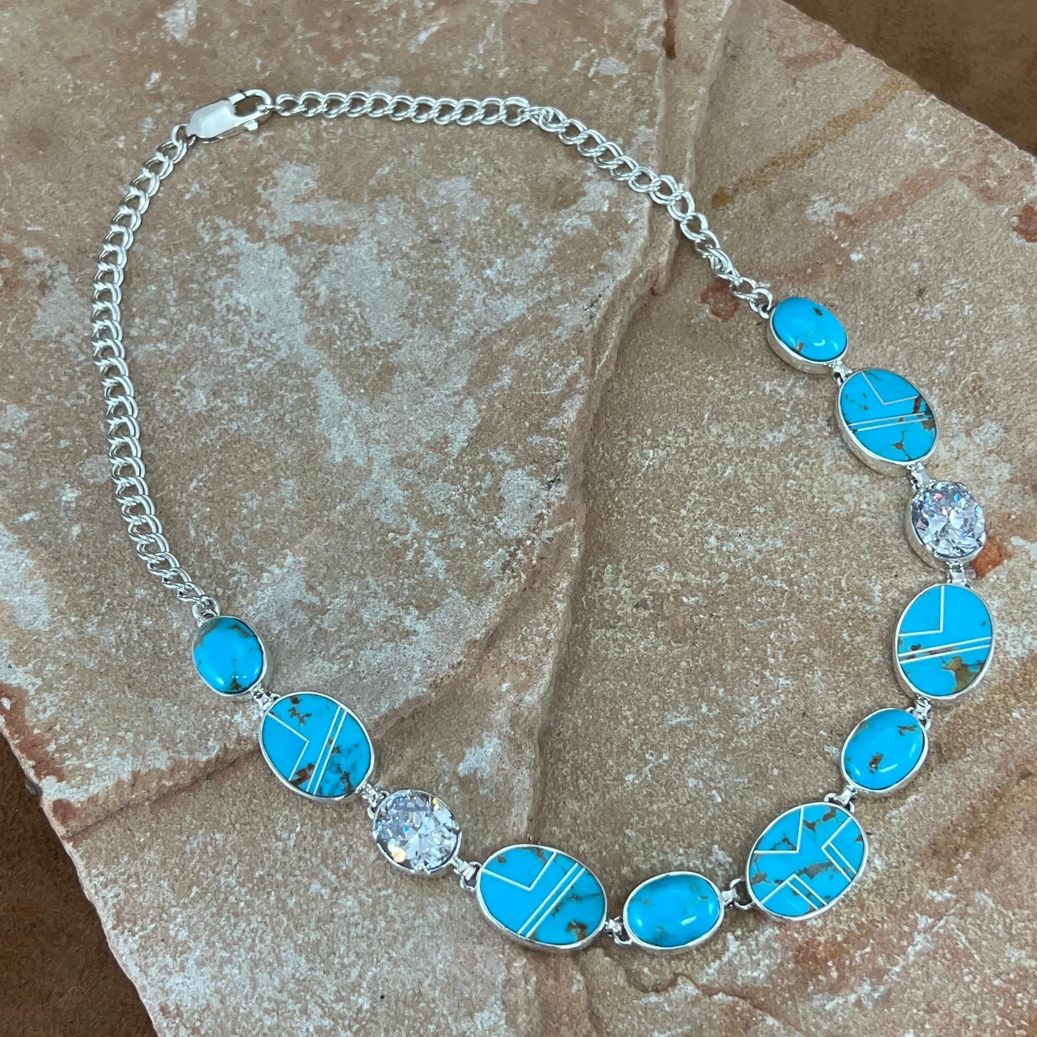 David Rosales Arizona Blue Fancy Inlaid Sterling Silver Necklace w/ Cubic Zirconia