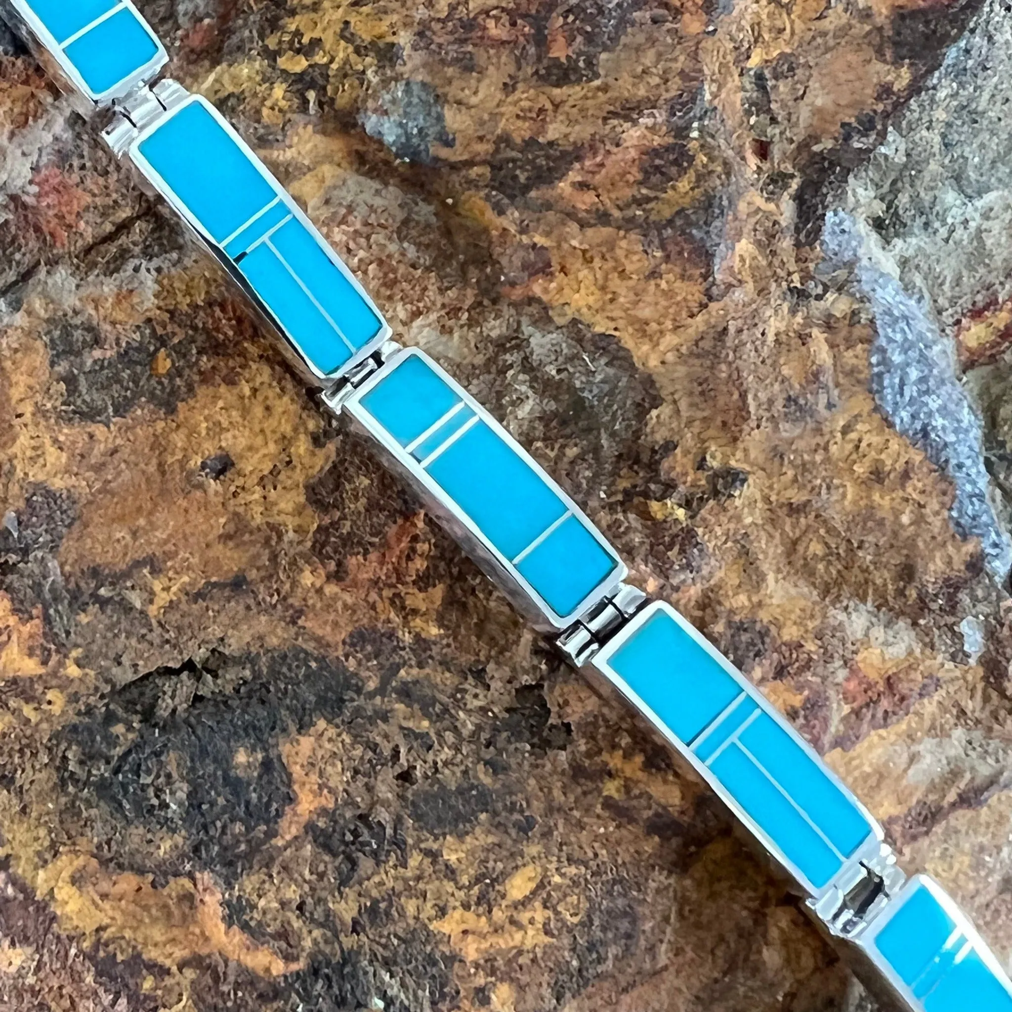 David Rosales Arizona Blue Inlaid Sterling Silver Big Link Bracelet