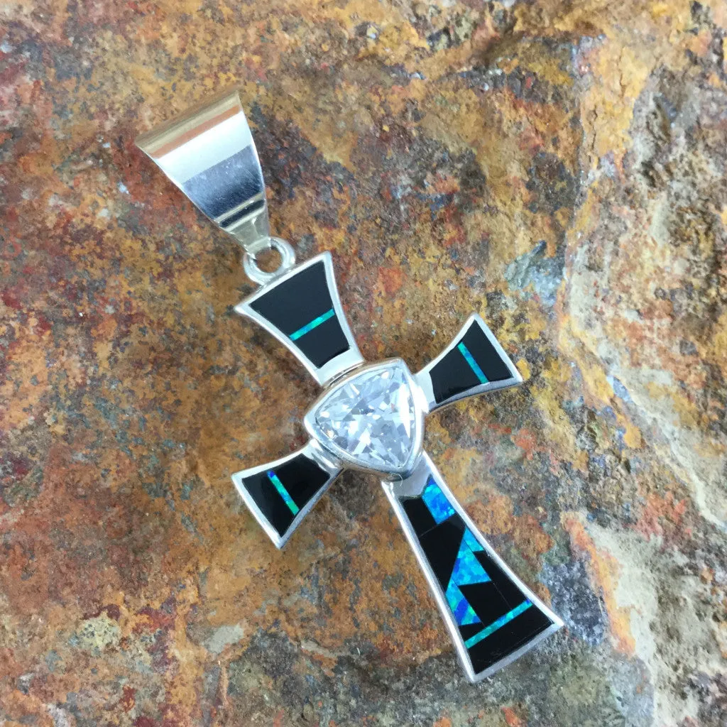 David Rosales Black Beauty Inlaid Sterling Silver Pendant Cross w/ Cubic Zirconia