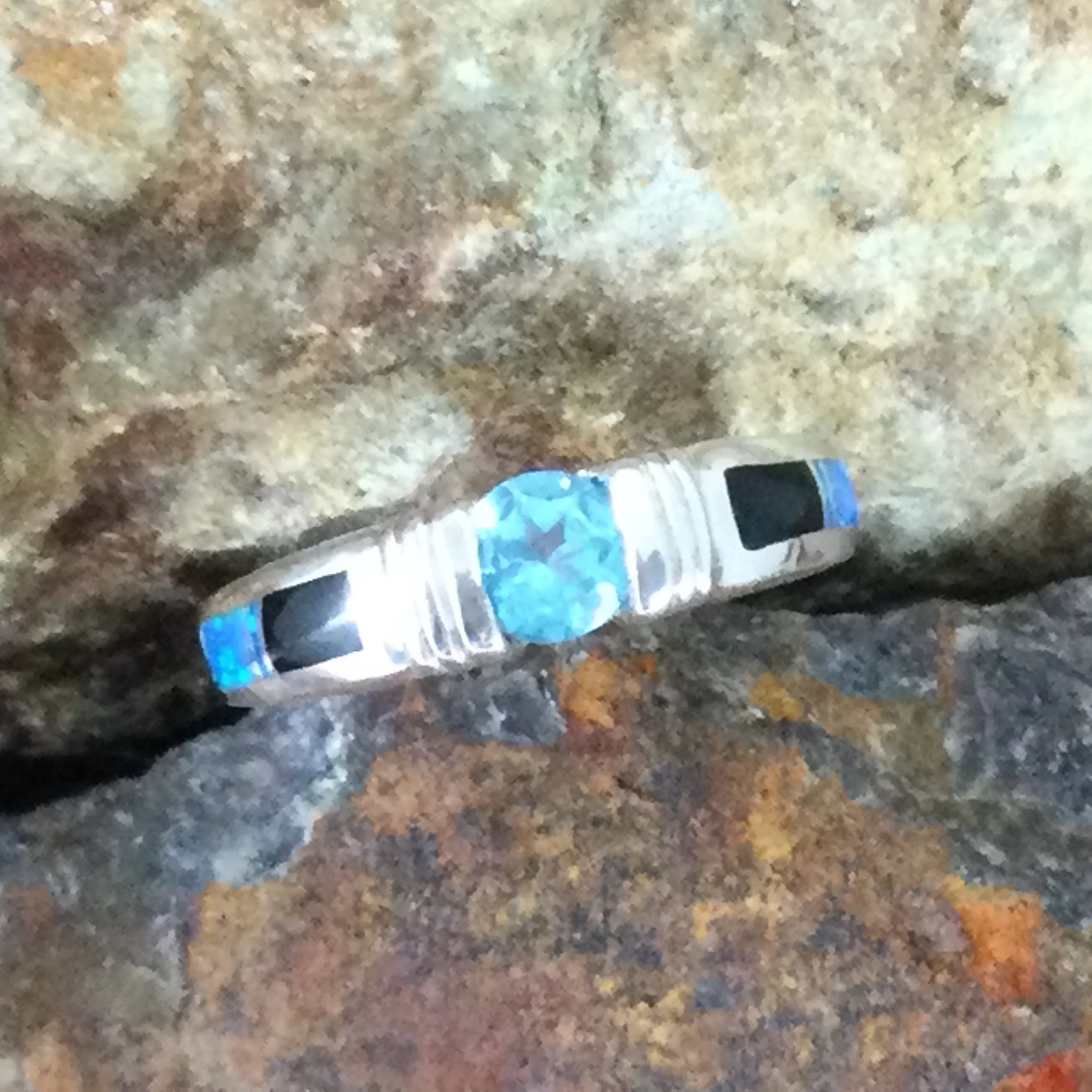 David Rosales Black Beauty Inlaid Sterling Silver Ring w/ Blue Topaz