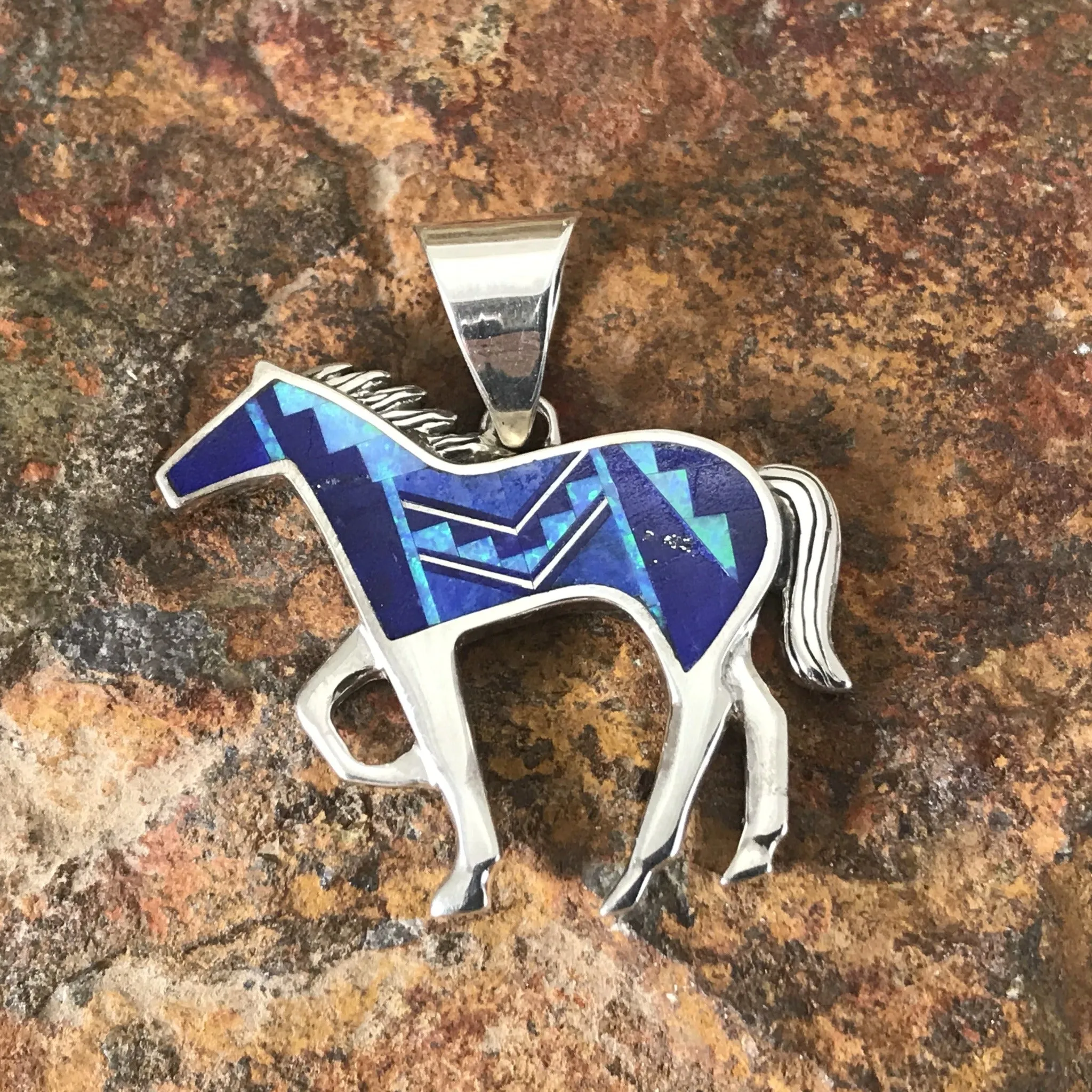 David Rosales Blue Sky Fancy Inlaid Sterling Silver Pendant Horse