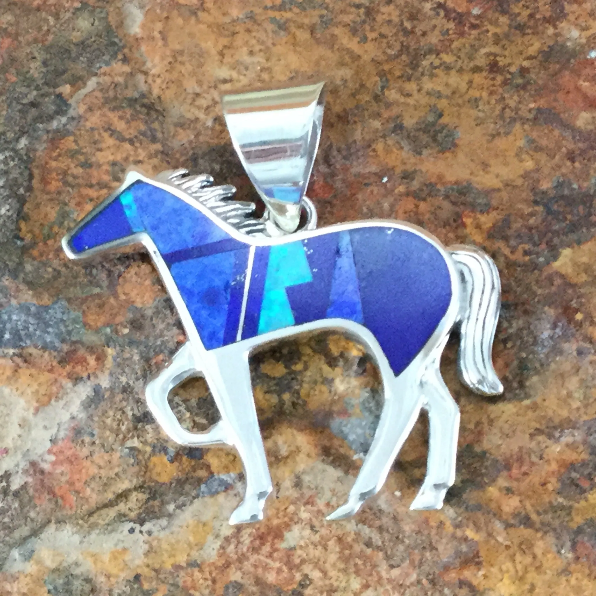 David Rosales Blue Sky Inlaid Sterling Silver Pendant Horse