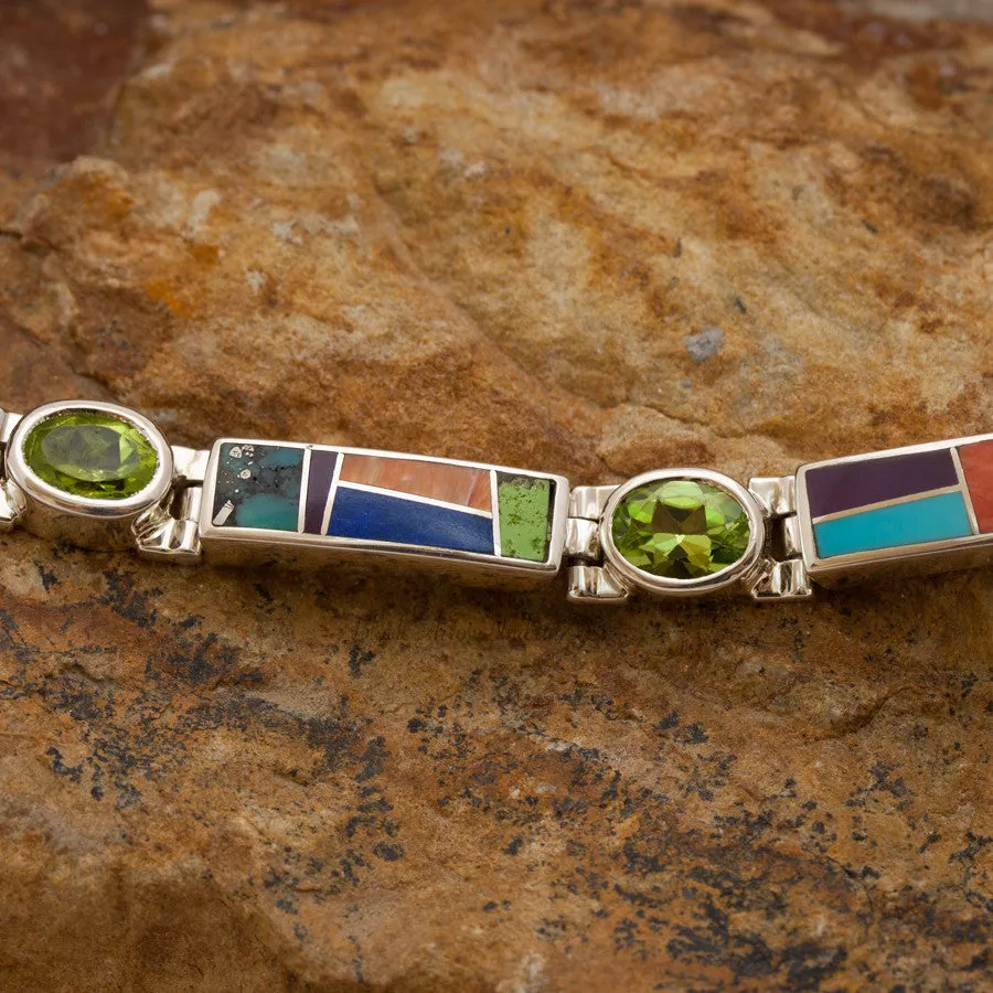 David Rosales Indian Summer Inlaid Sterling Silver Big Link Bracelet w/ Peridot