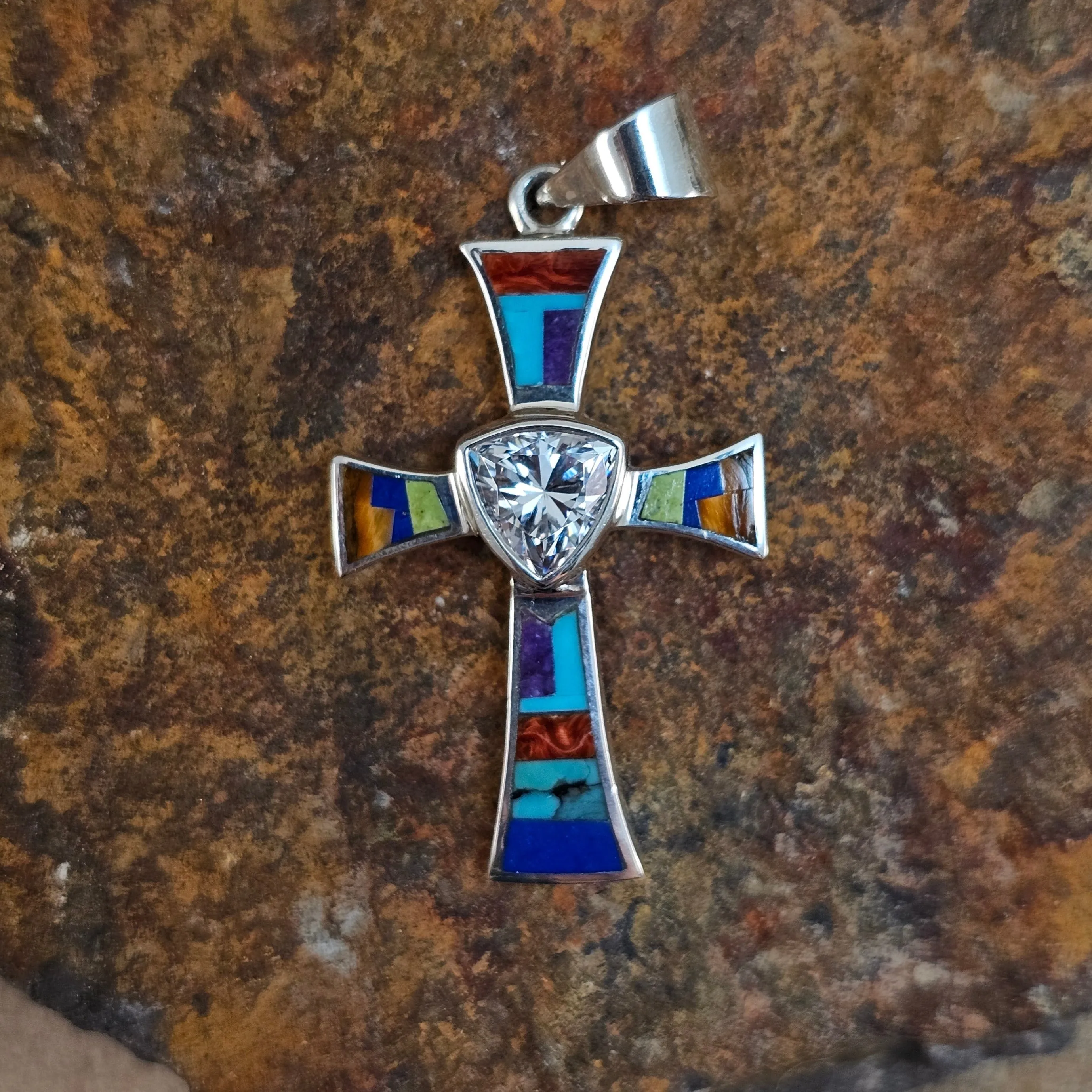 David Rosales Indian Summer Inlaid Sterling Silver Pendant Cross w/ Cubic Zirconia