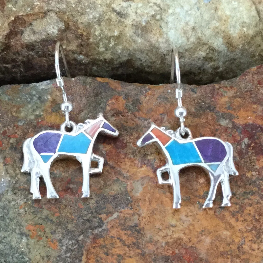 David Rosales Morenci Sunset Inlaid Sterling Silver Earrings Horse