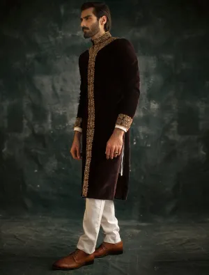 DEEP MAROON VELVET EMBROIDERED SHERWANI