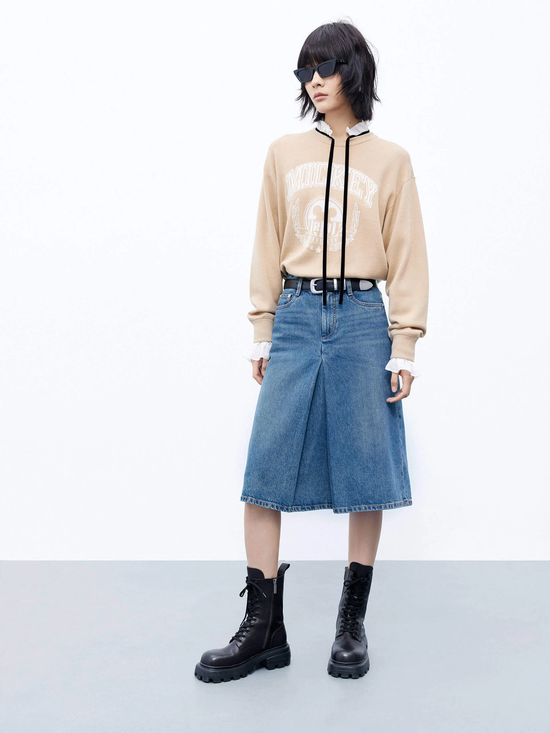 Denim Pleated Midi Skirt