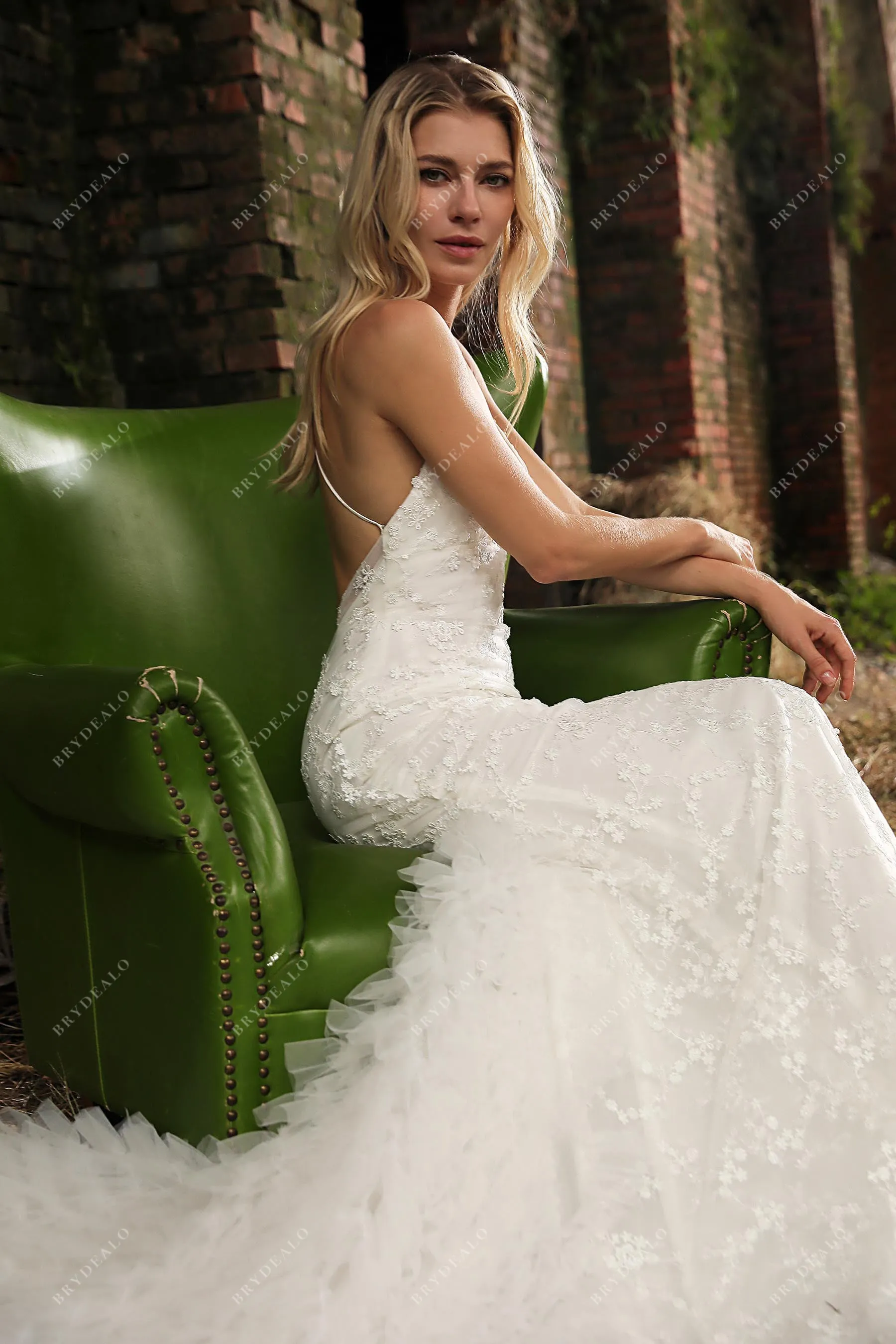 Designer Ruffled Mermaid Crisscross Back Lace Country Wedding Dress