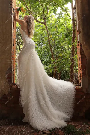 Designer Ruffled Mermaid Crisscross Back Lace Country Wedding Dress