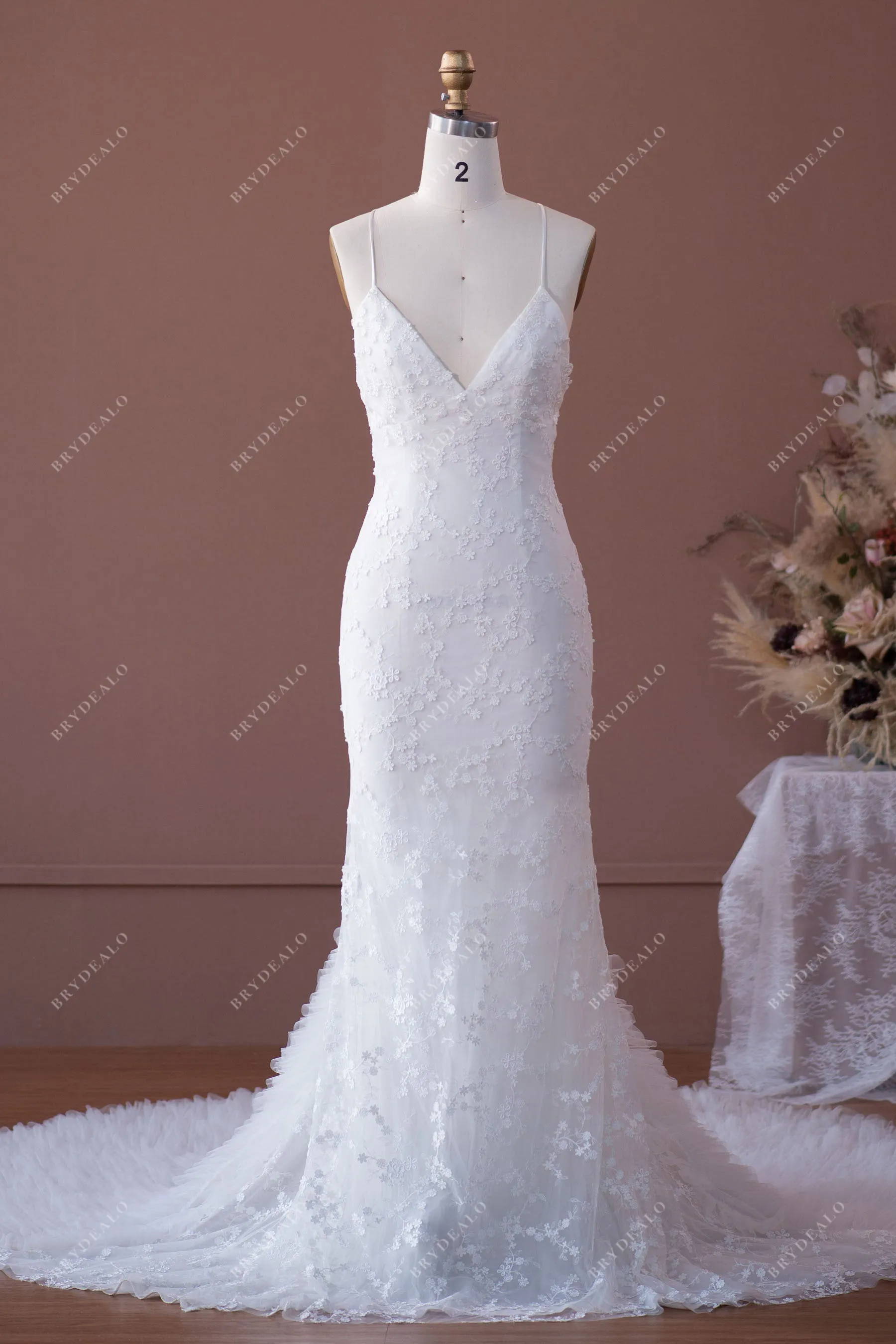 Designer Ruffled Mermaid Crisscross Back Lace Country Wedding Dress