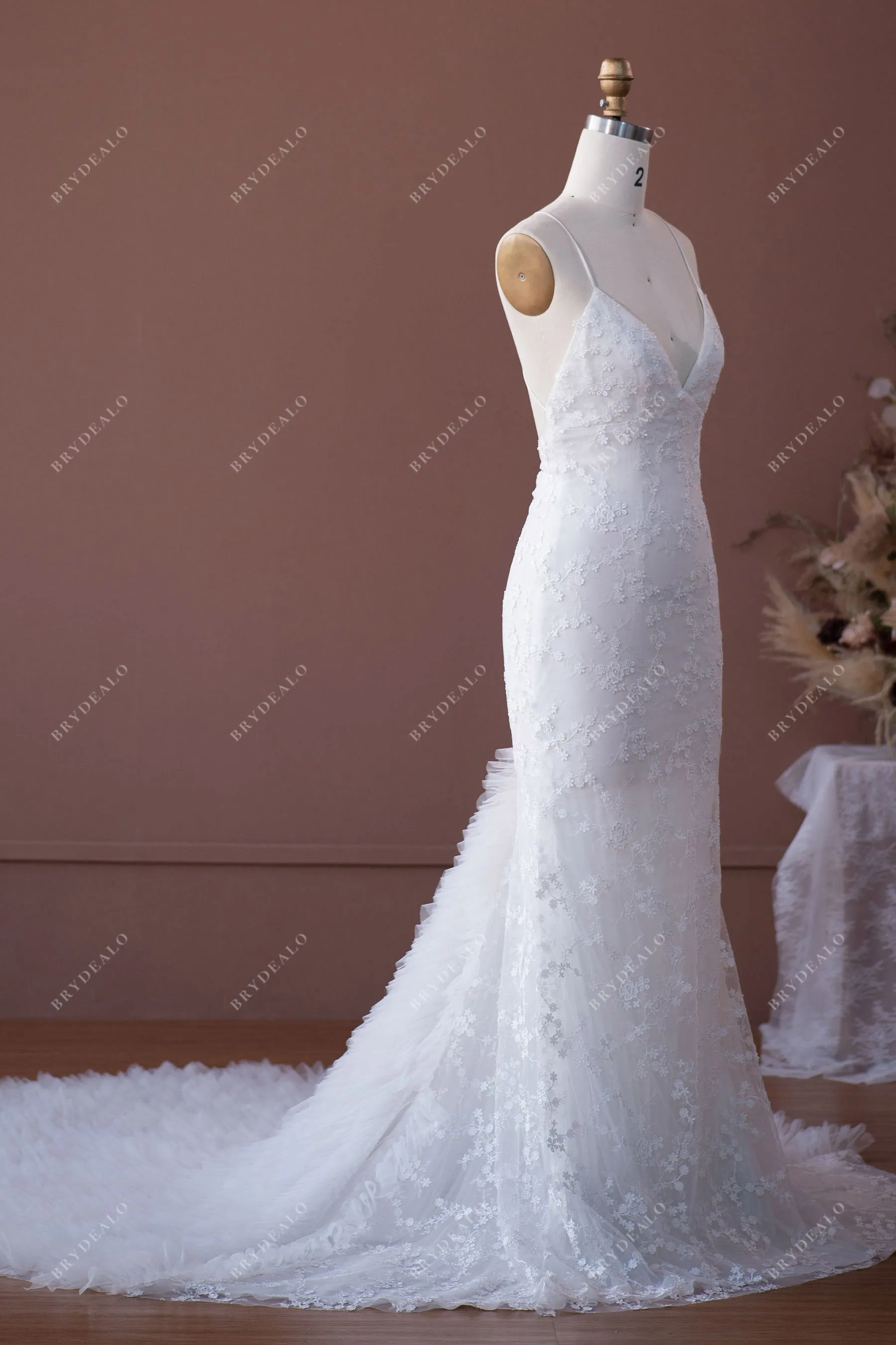 Designer Ruffled Mermaid Crisscross Back Lace Country Wedding Dress