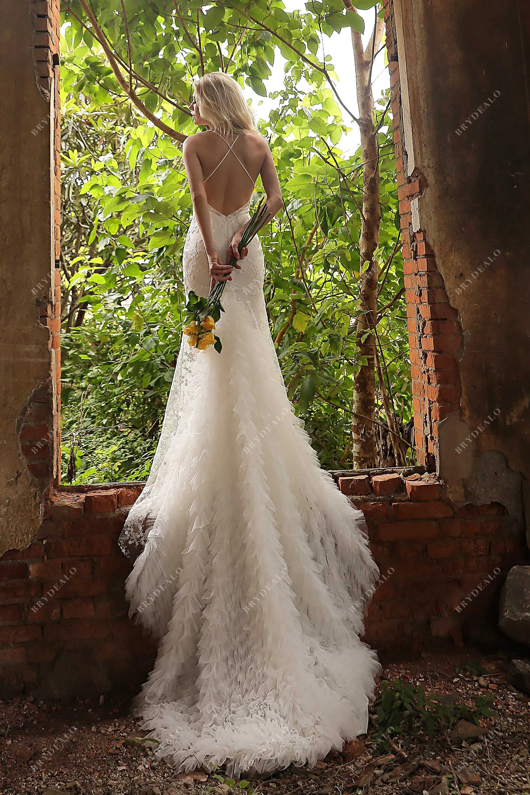 Designer Ruffled Mermaid Crisscross Back Lace Country Wedding Dress