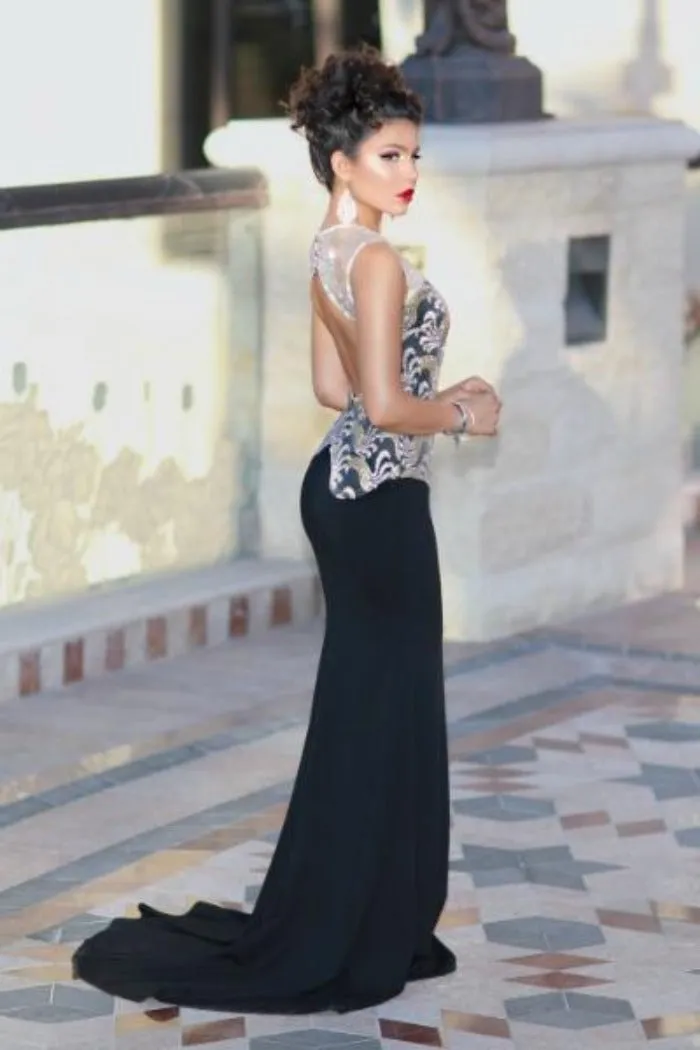 Divinity Sparkle Black Slinky Backless Fishtail Maxi Dress