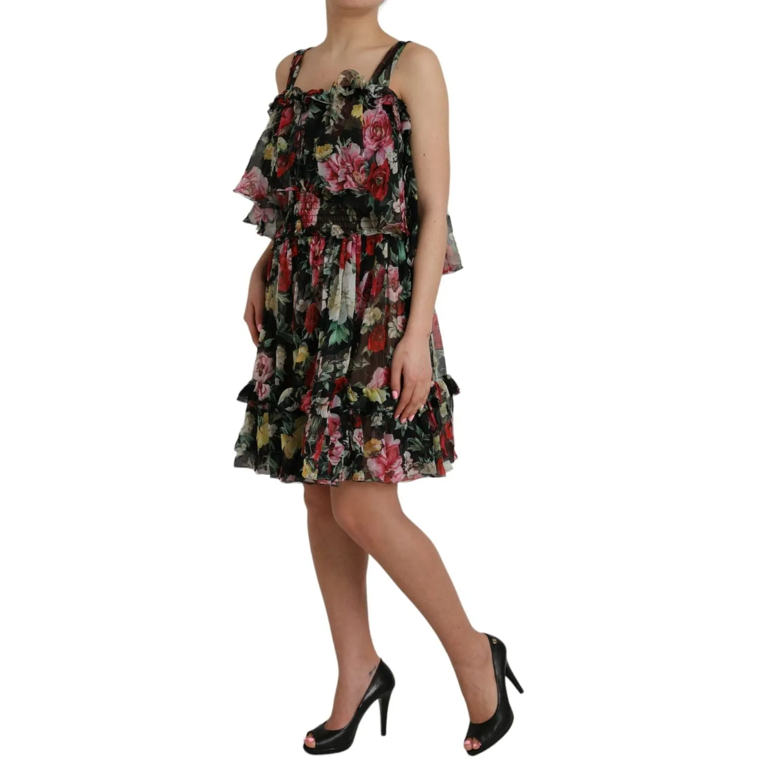 Dolce & Gabbana Black Floral Silk A-line Sleeveless Dress