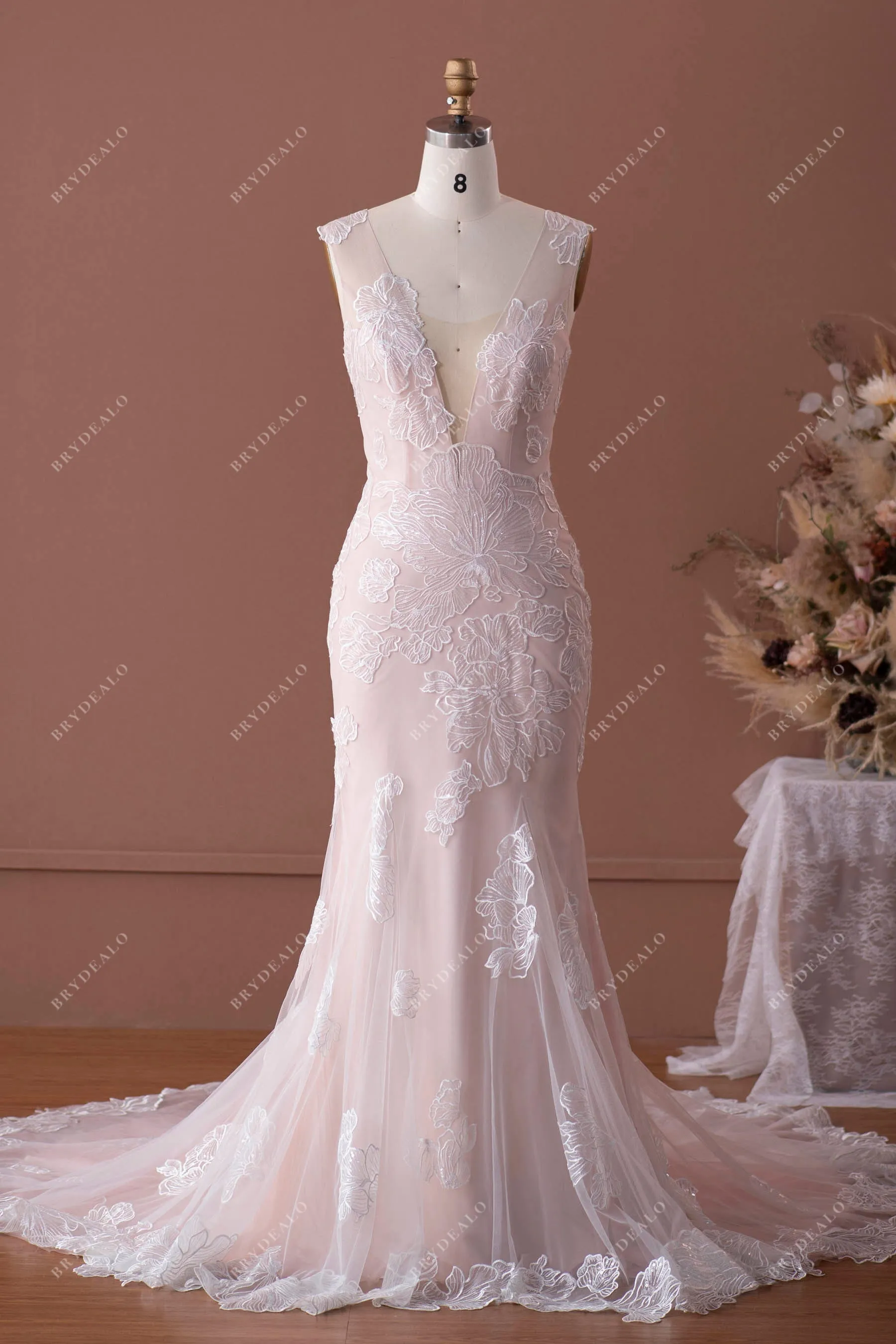 Dusty Rose Lace Plunging Neck Modern Overskirt Bridal Gown