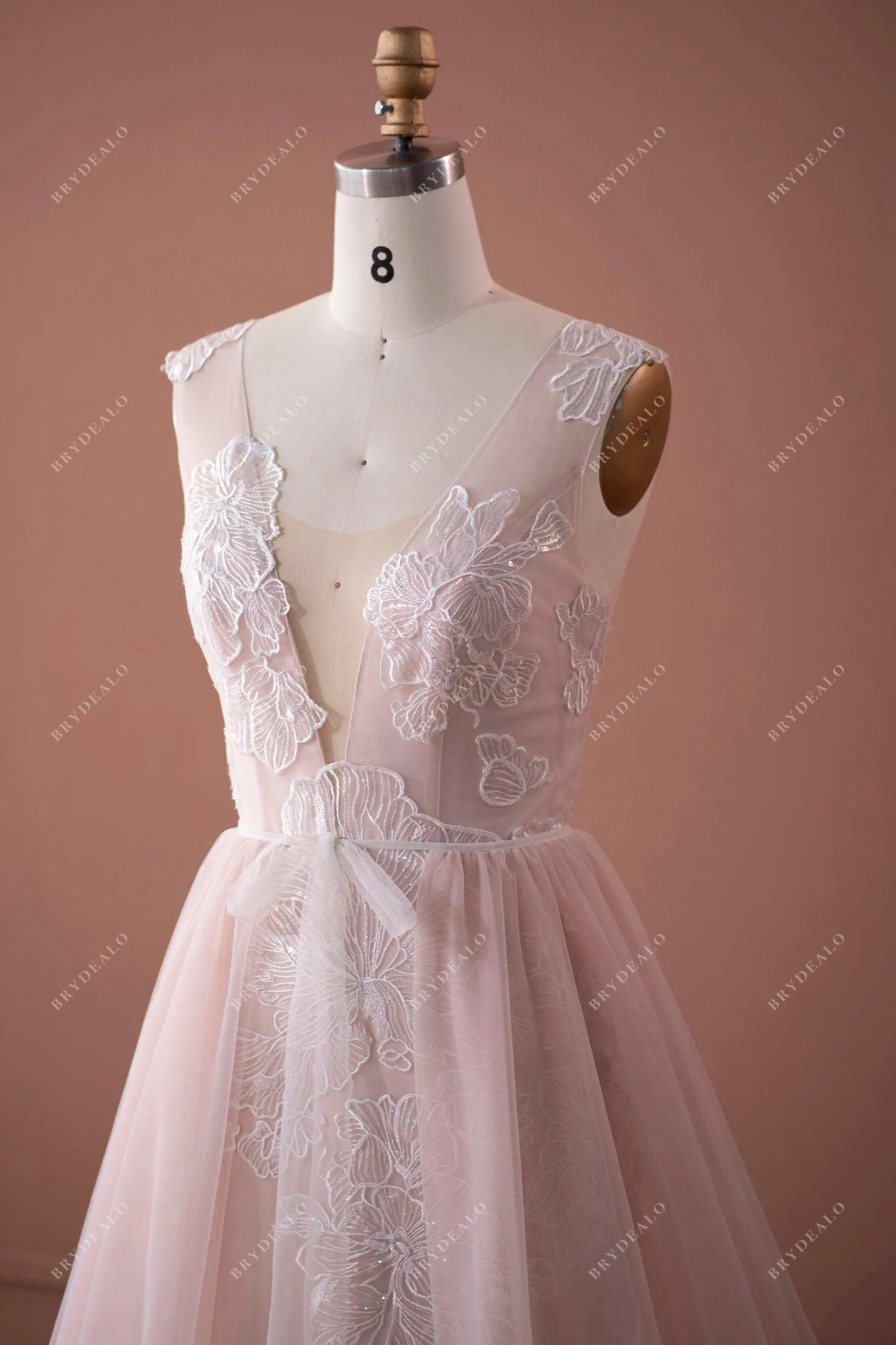 Dusty Rose Lace Plunging Neck Modern Overskirt Bridal Gown