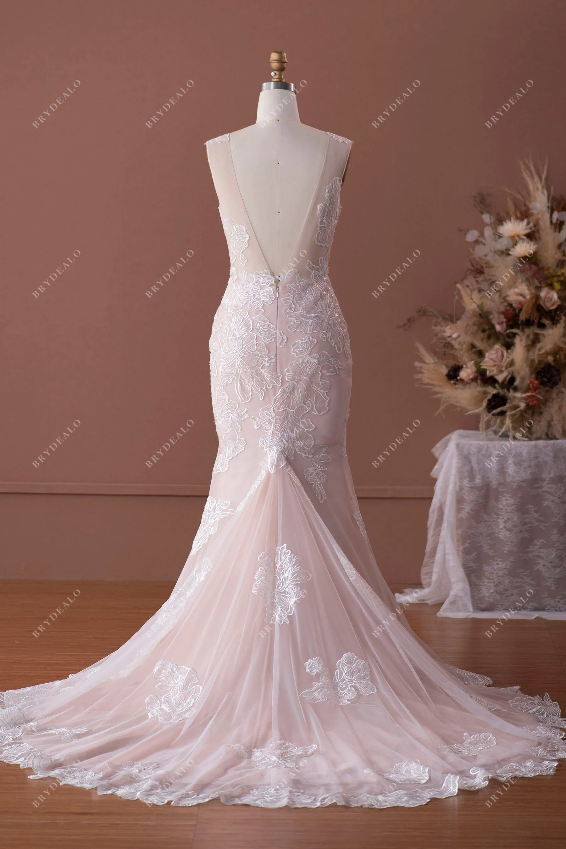 Dusty Rose Lace Plunging Neck Modern Overskirt Bridal Gown