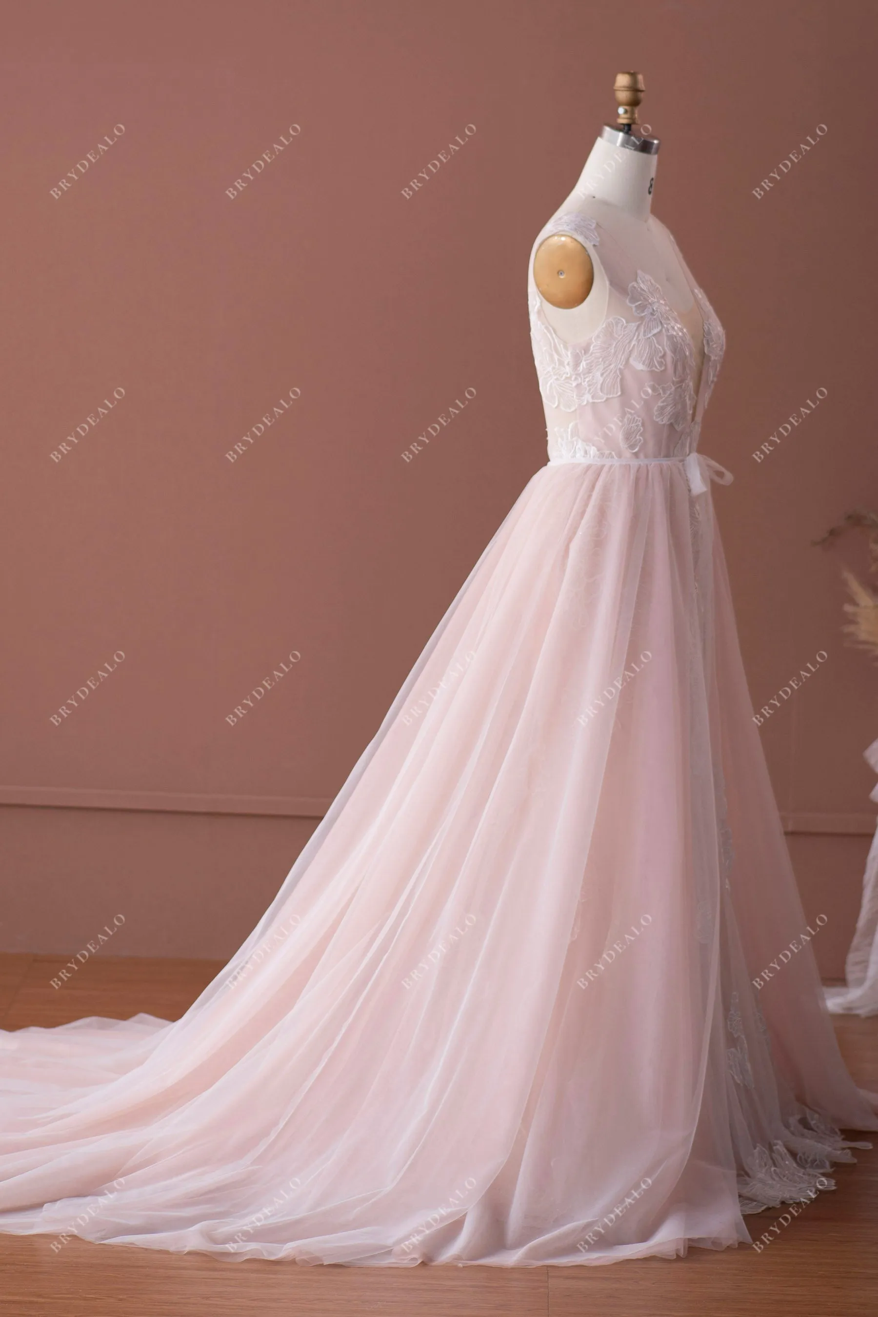 Dusty Rose Lace Plunging Neck Modern Overskirt Bridal Gown