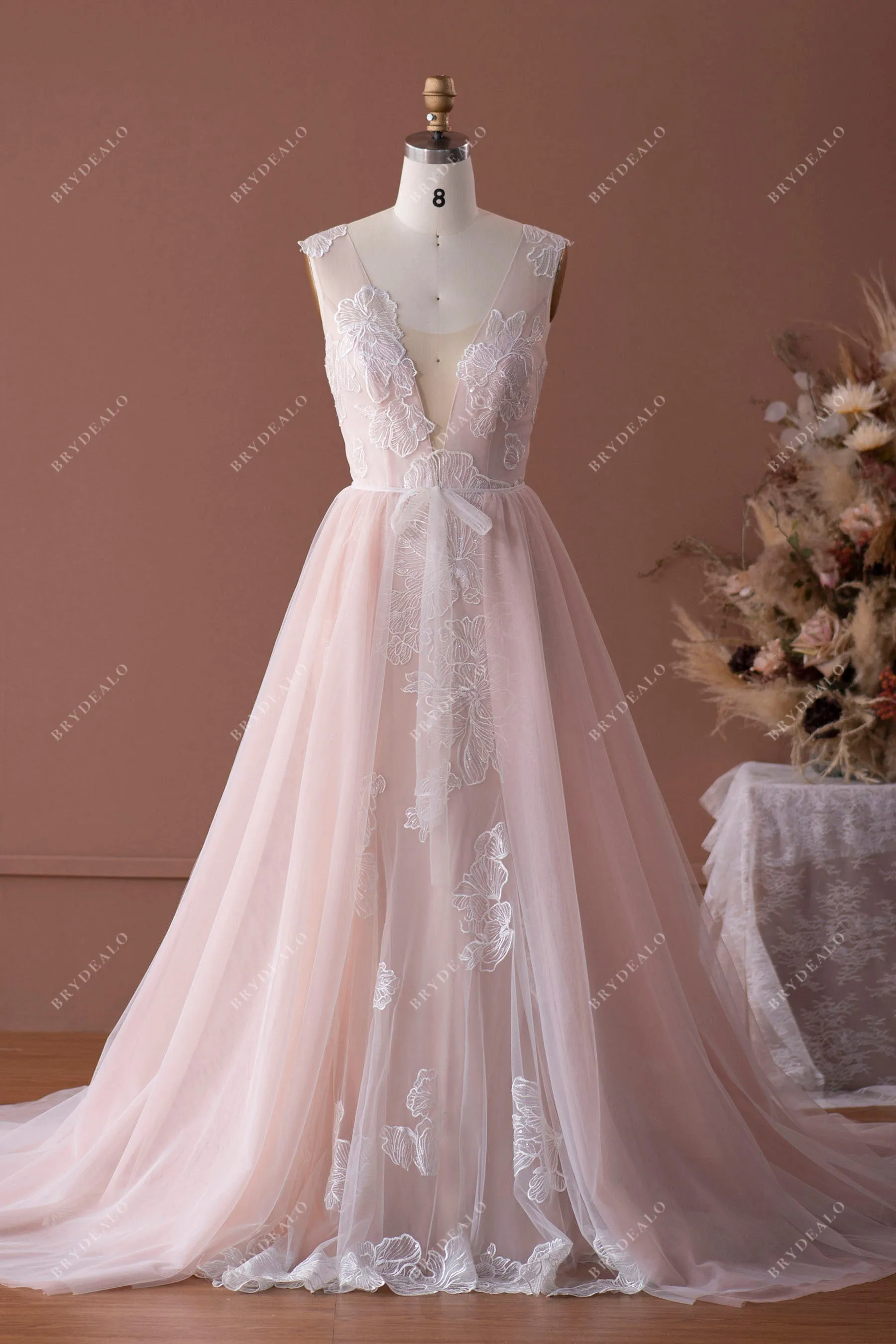 Dusty Rose Lace Plunging Neck Modern Overskirt Bridal Gown