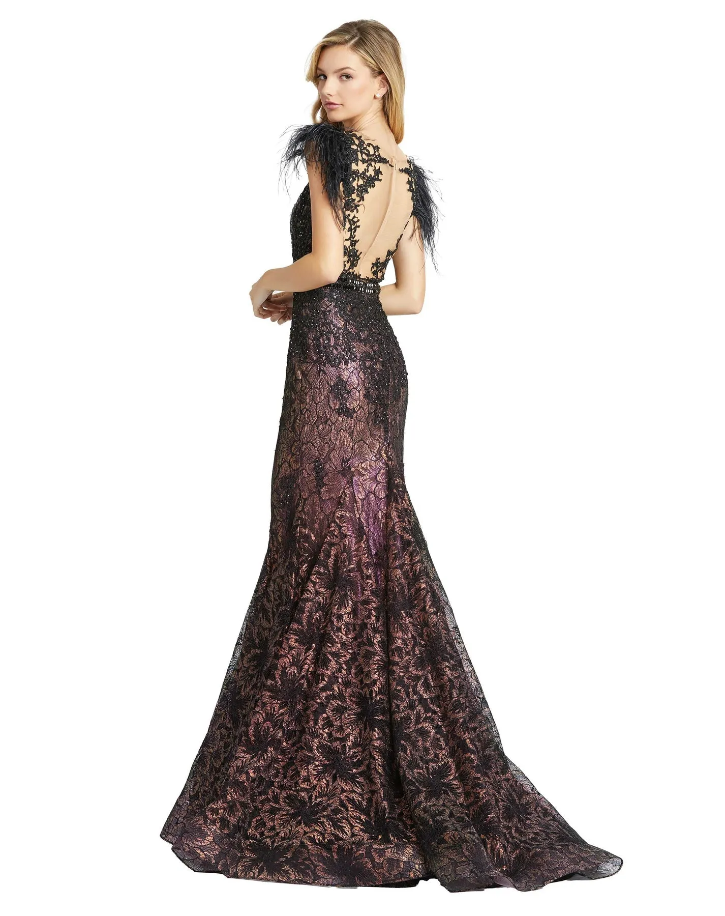 Embellished Feather Cap Sleeve Illusion Gown