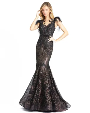 Embellished Feather Cap Sleeve Illusion Gown