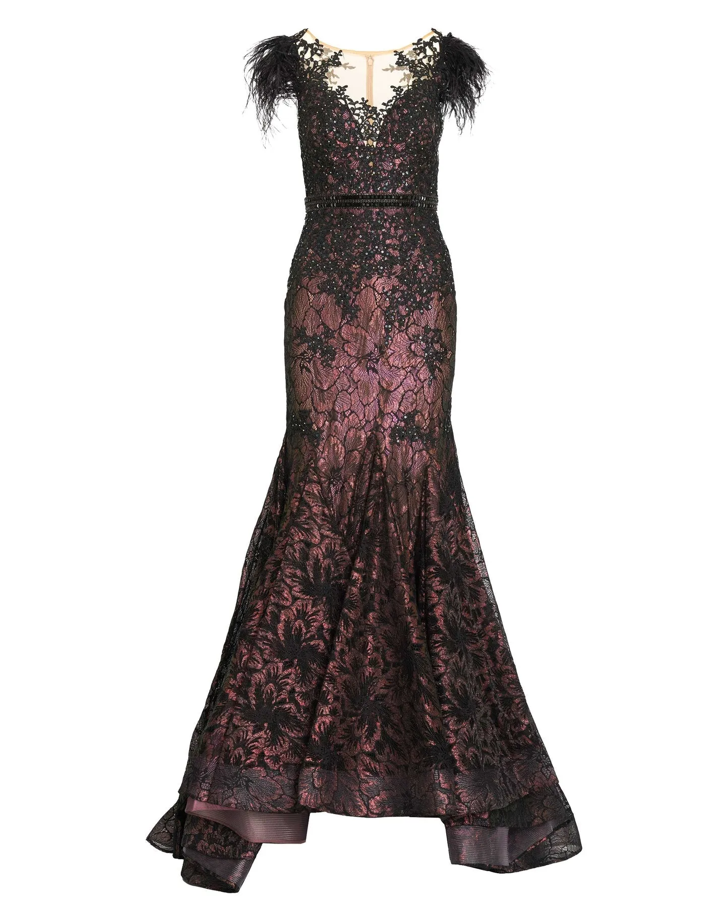 Embellished Feather Cap Sleeve Illusion Gown