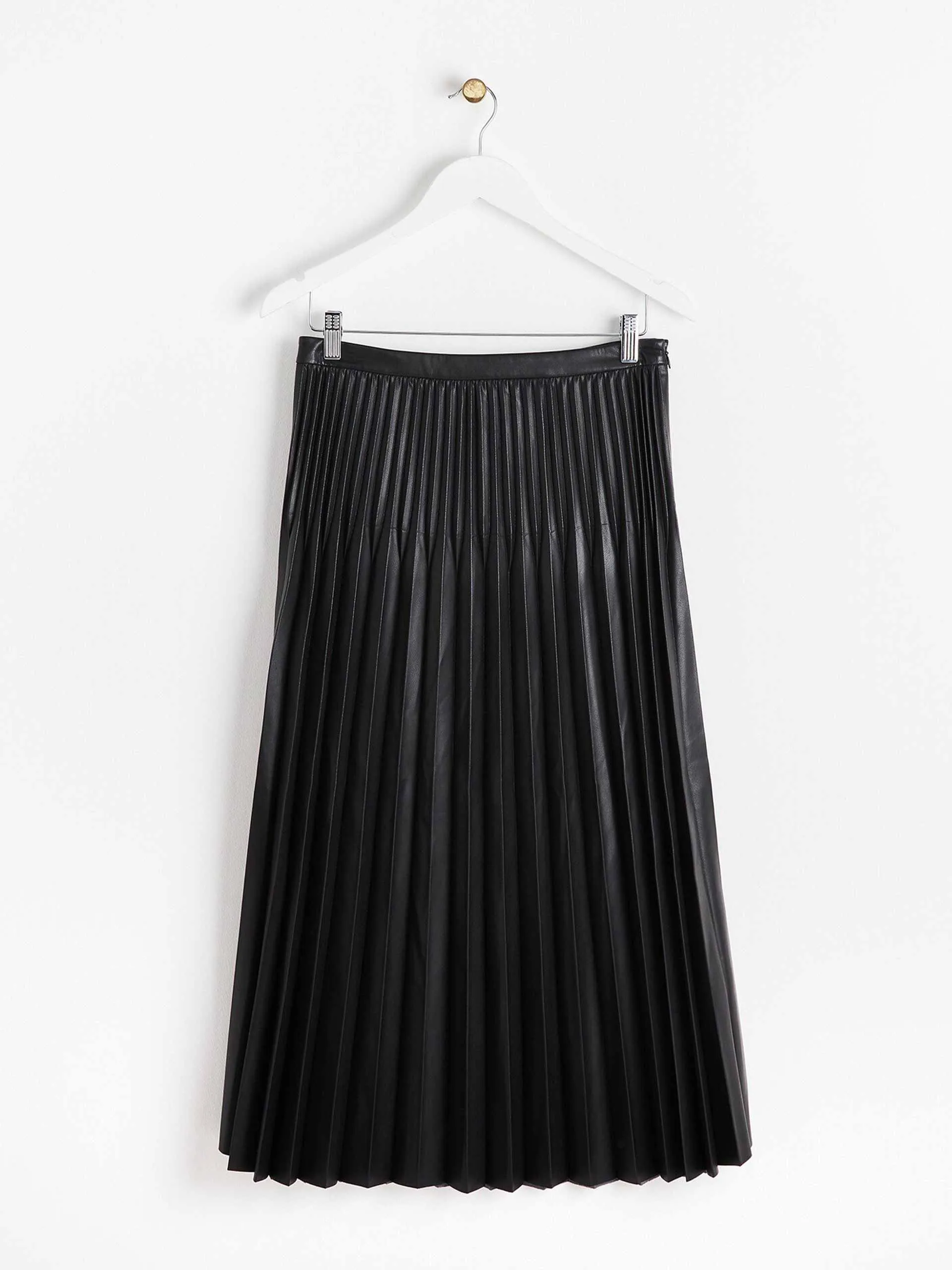 Faux leather black pleated midi skirt