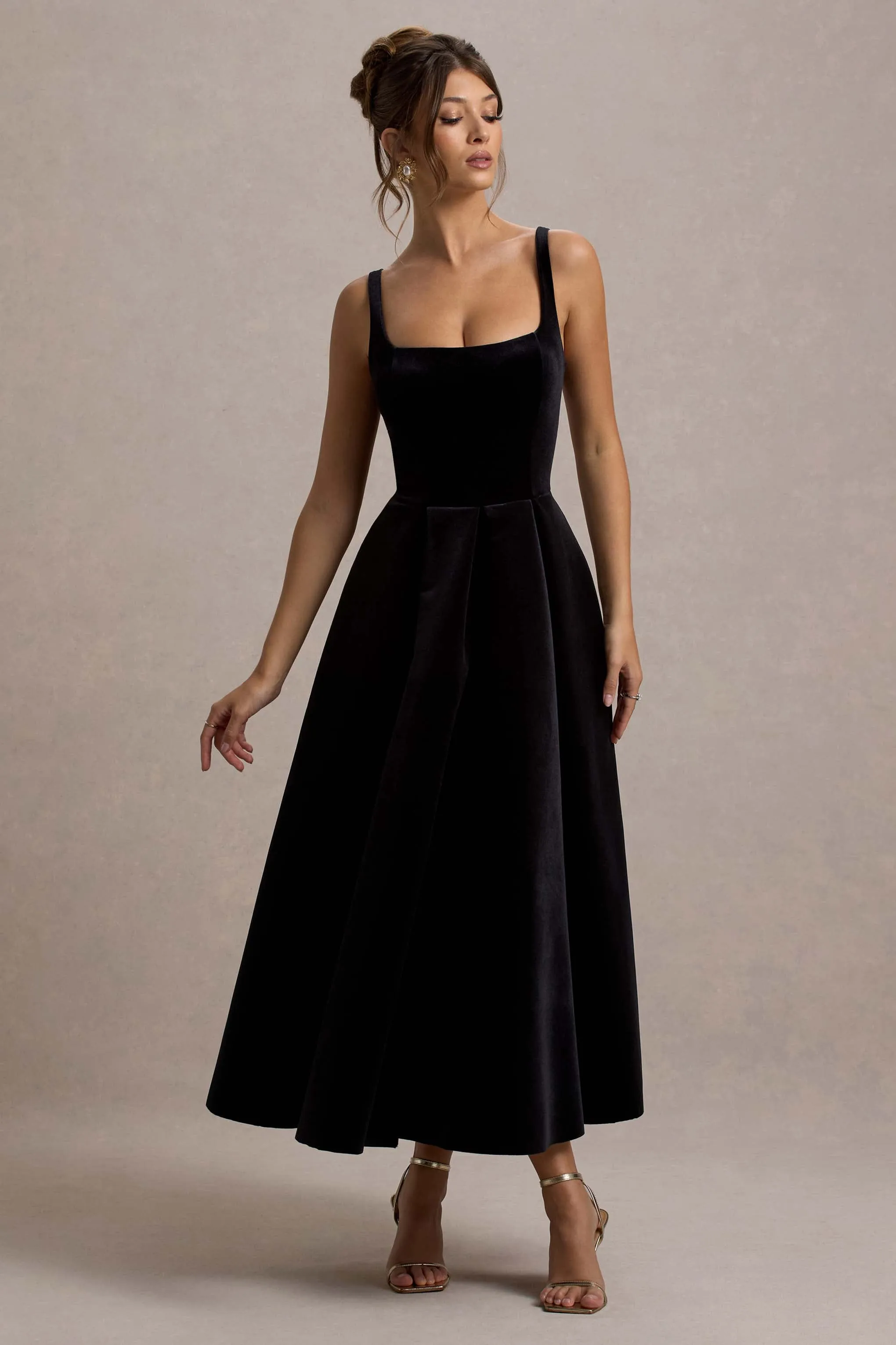 Francisca | Black Velvet Strappy Volume-Hem Maxi Dress