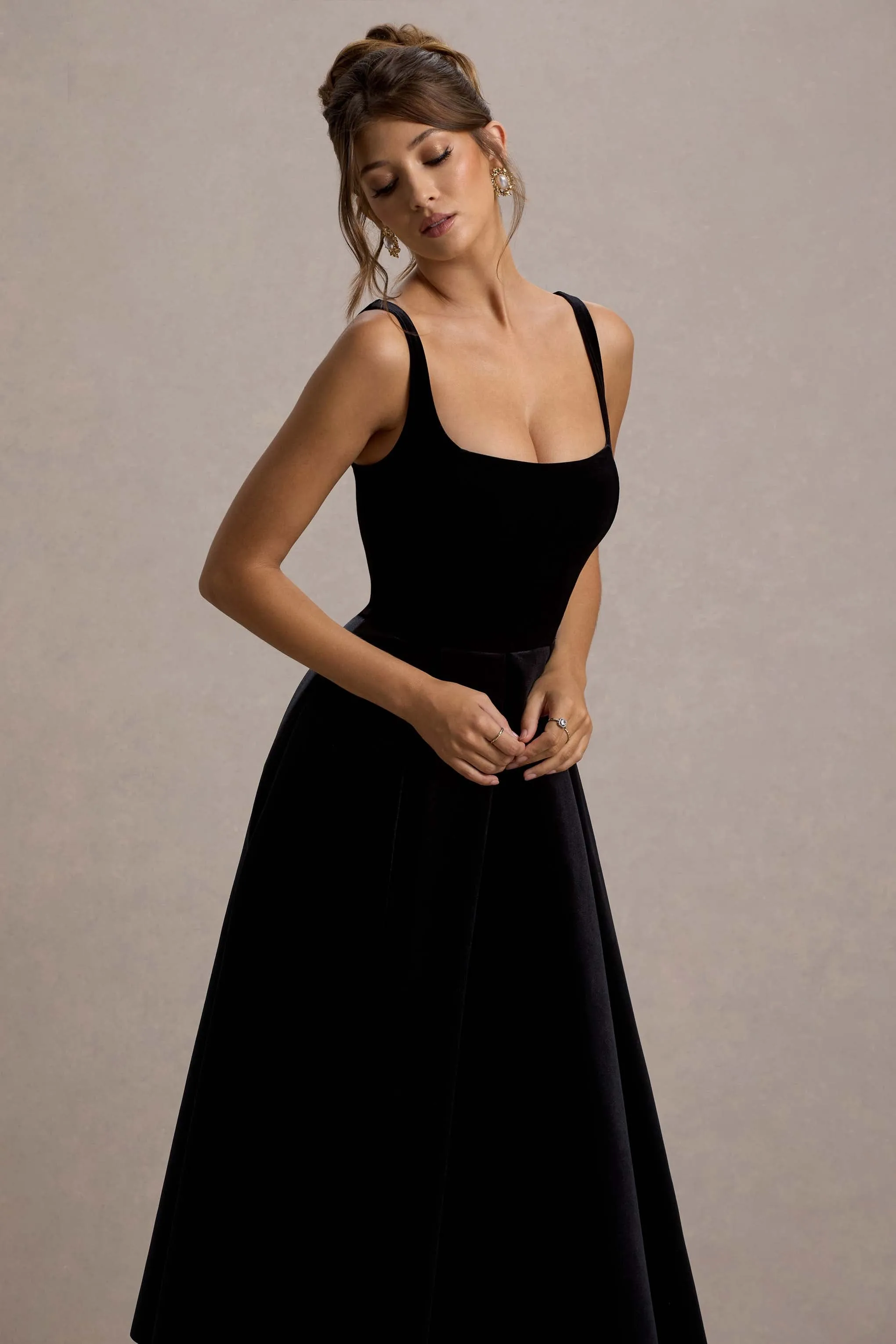 Francisca | Black Velvet Strappy Volume-Hem Maxi Dress