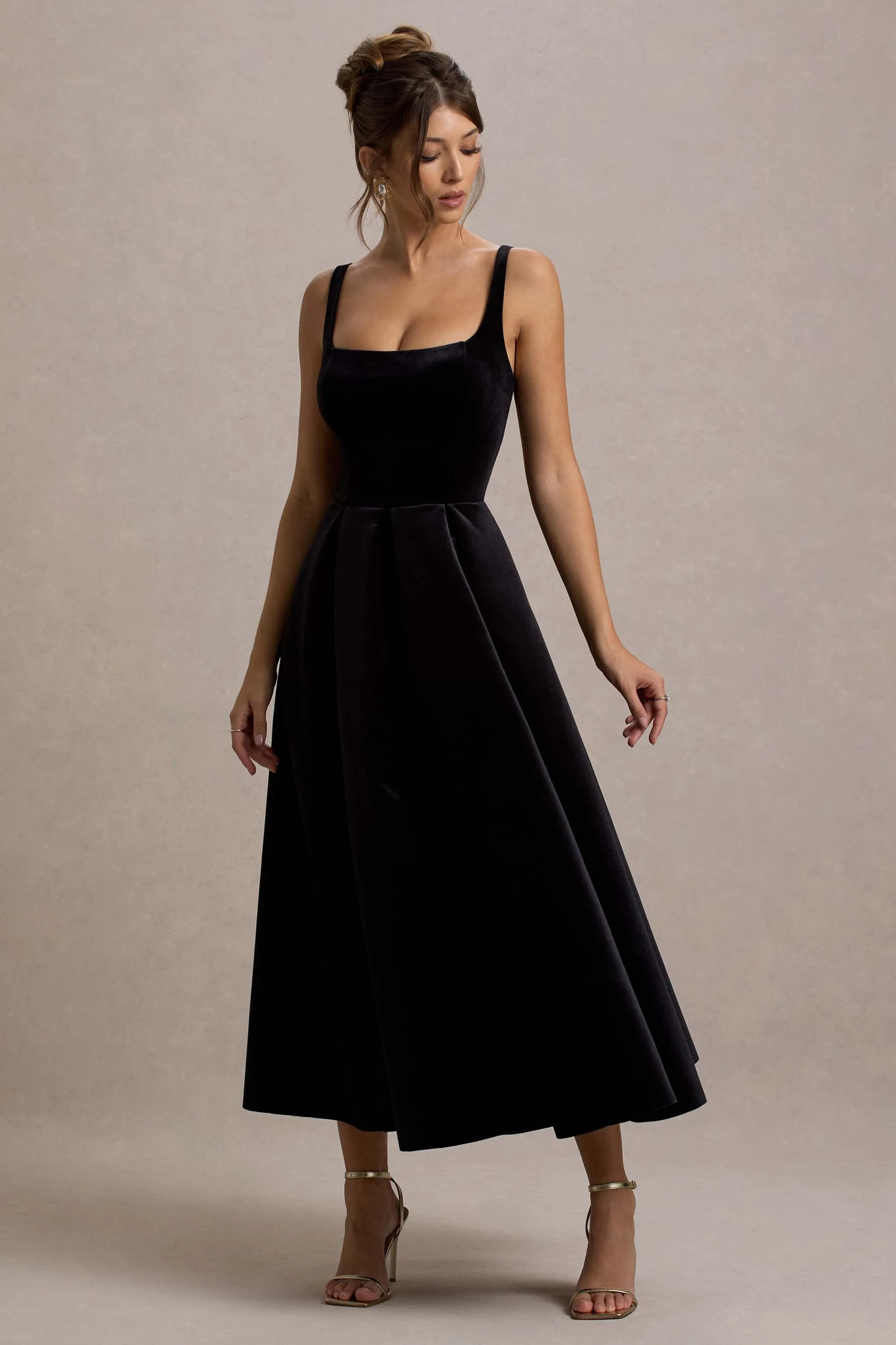 Francisca | Black Velvet Strappy Volume-Hem Maxi Dress