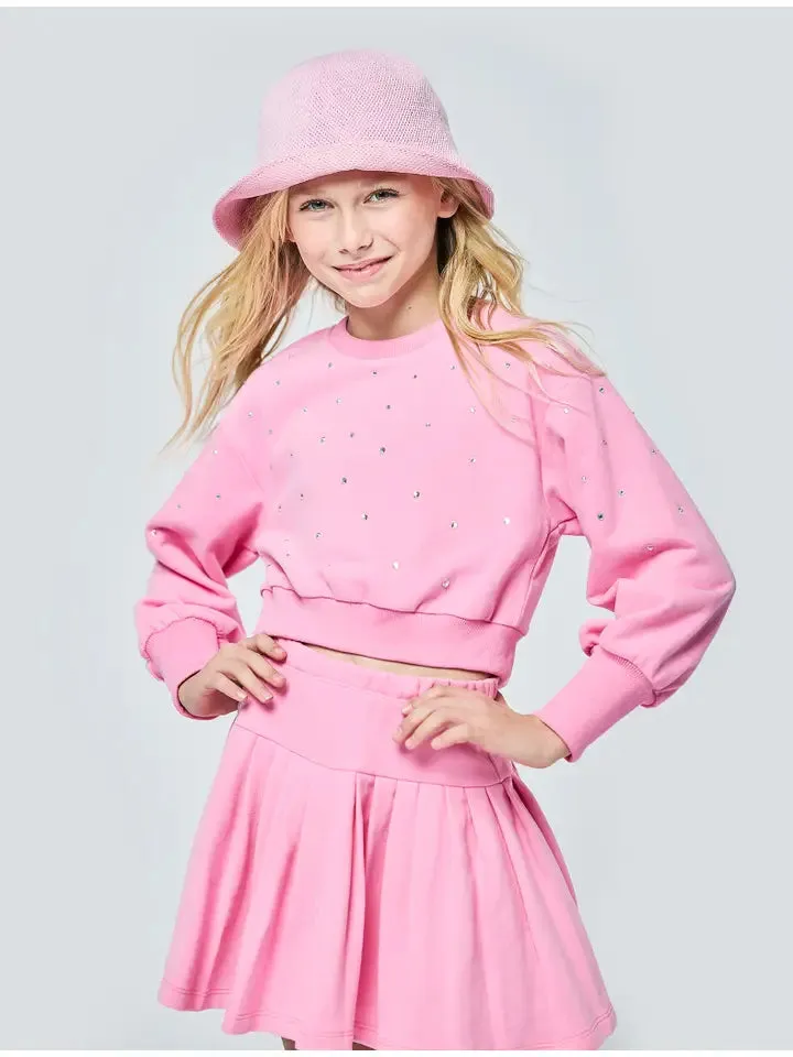 GBY Pink Rhinestone Crop Sweatshirt with Pleated Skirt