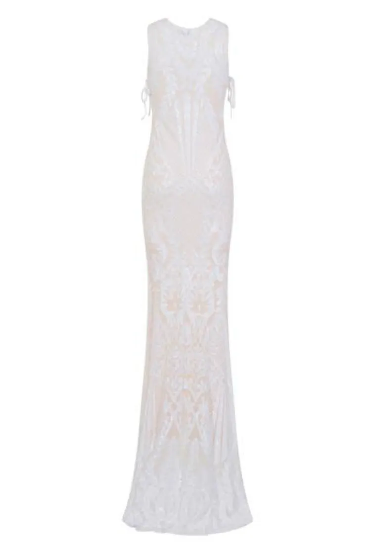 Glamazon Luxe White Nude Open Tie Side Tribal Sequin Fishtail Dress