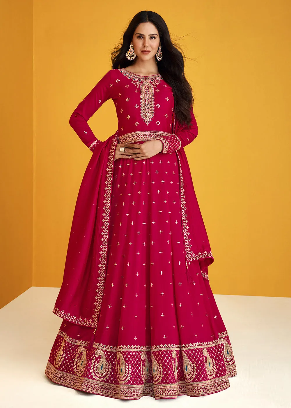 Glamourous Hot Pink Silk Festive Long Anarkali Featuring Sonam Bajwa