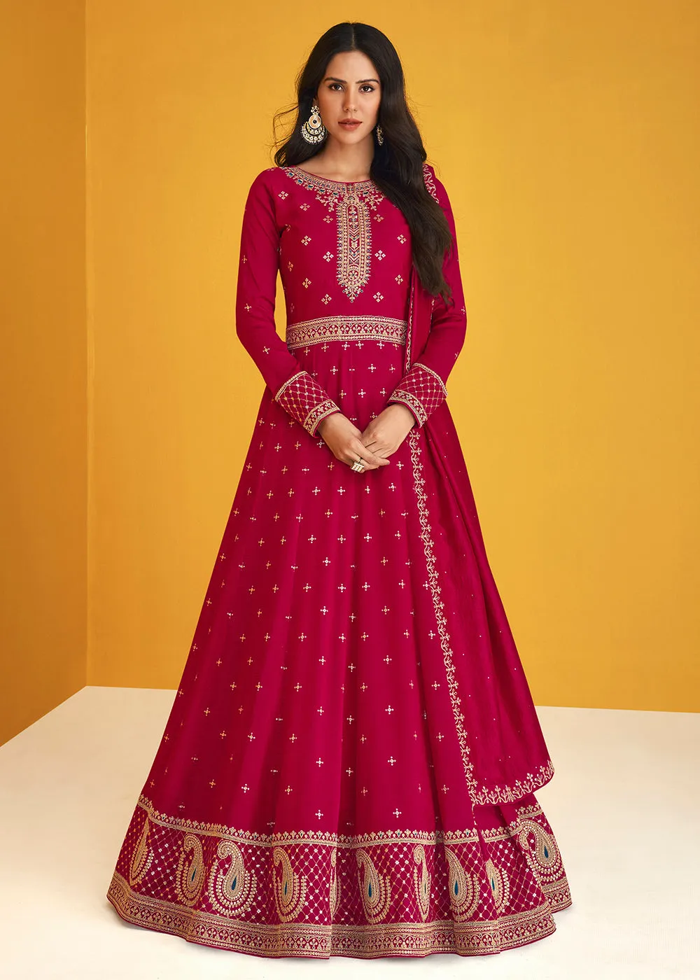 Glamourous Hot Pink Silk Festive Long Anarkali Featuring Sonam Bajwa