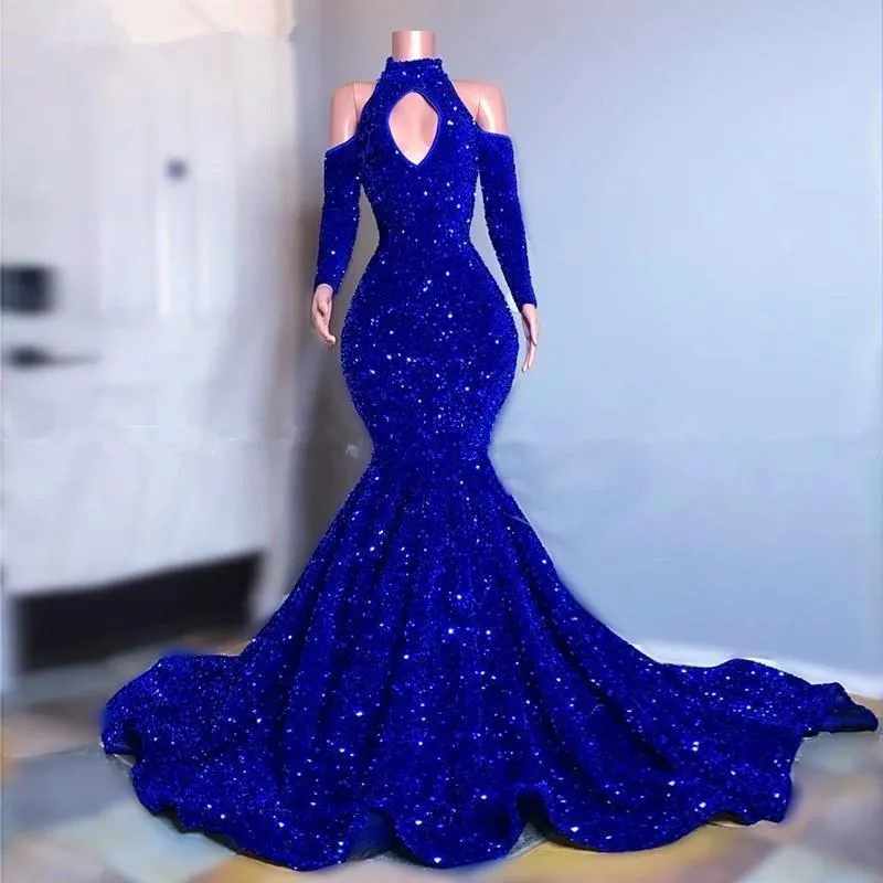 Gorgeous Royal Blue Long Sleeves Prom Dress Mermaid Long With Sequins