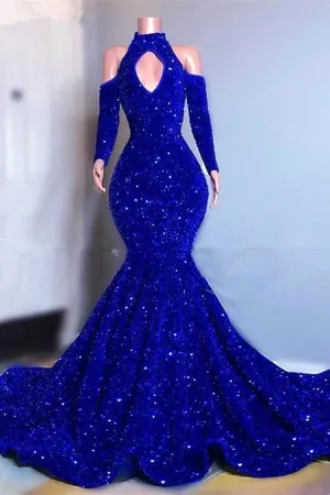 Gorgeous Royal Blue Long Sleeves Prom Dress Mermaid Long With Sequins