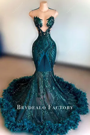 Green Sequined Peacock Feathered Trumpet Prom Dress