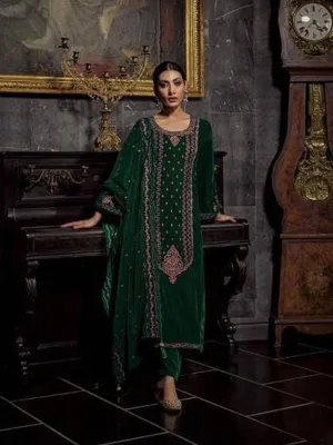 Green Viscose Velvet Embroidery Anarkali