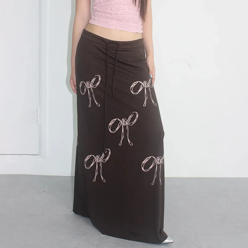 Harajuku Low Waited Drawstring Long Skirt Female Gothic Dark Bow Printed Straight Loose Maxi Skirts Y2K Korean Bottom