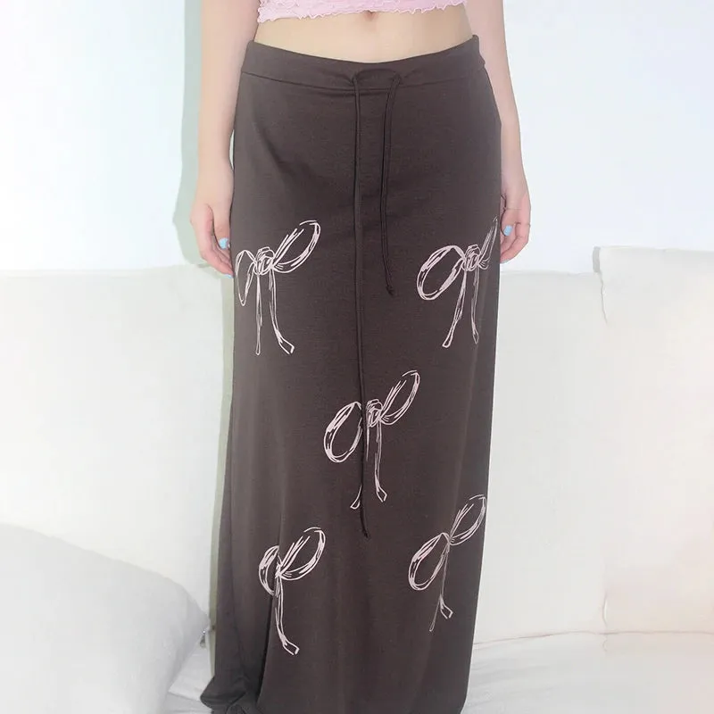 Harajuku Low Waited Drawstring Long Skirt Female Gothic Dark Bow Printed Straight Loose Maxi Skirts Y2K Korean Bottom