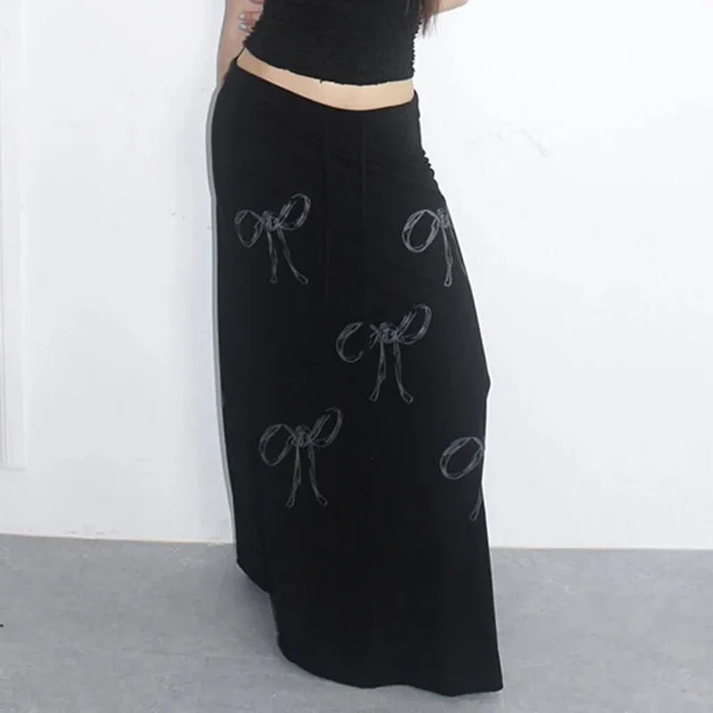 Harajuku Low Waited Drawstring Long Skirt Female Gothic Dark Bow Printed Straight Loose Maxi Skirts Y2K Korean Bottom