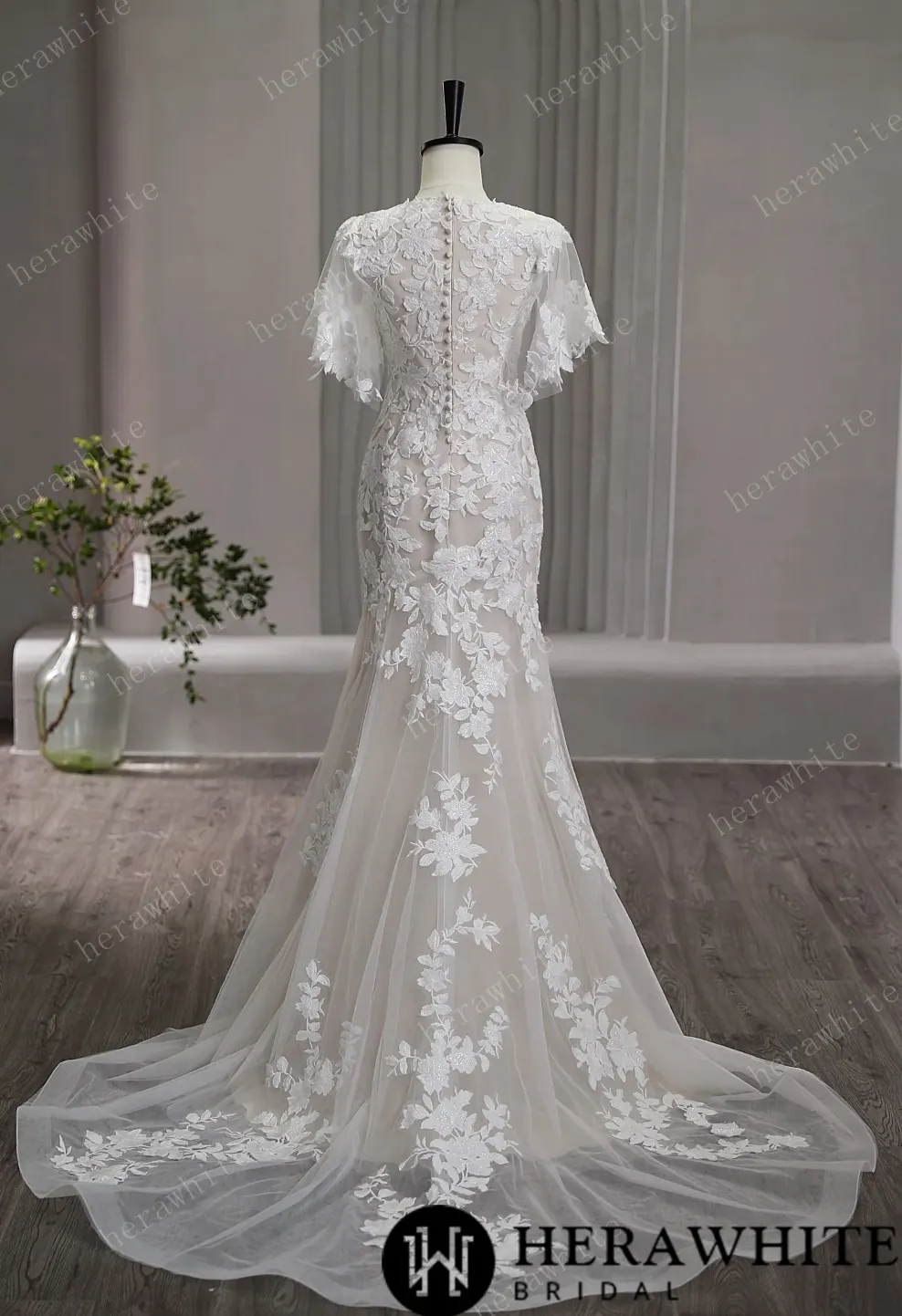 High Neck Floral Lace Bridal Gown with Flutter Sleeves