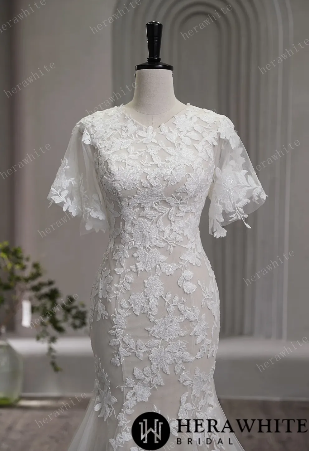 High Neck Floral Lace Bridal Gown with Flutter Sleeves