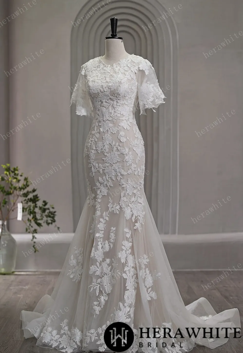 High Neck Floral Lace Bridal Gown with Flutter Sleeves