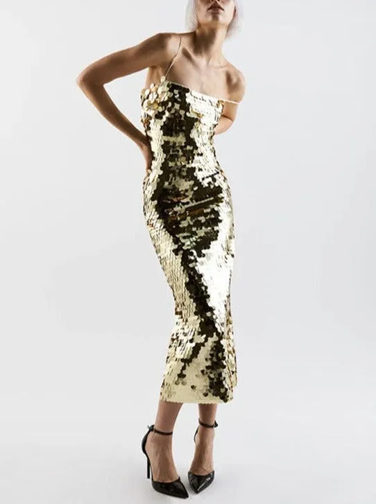 Ilsa Sequin Midi Dress in Gold